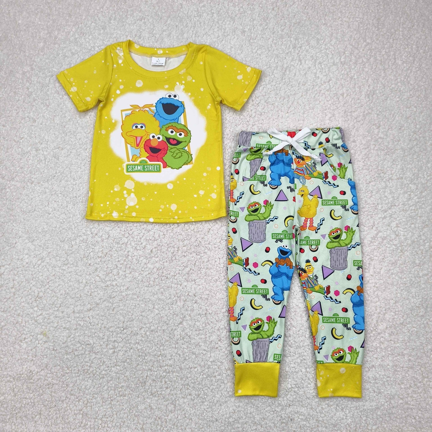 BSPO0314  cartoon sesame street yellow green short sleeve top pants sets Boys Boutique clothes  202504 RTS