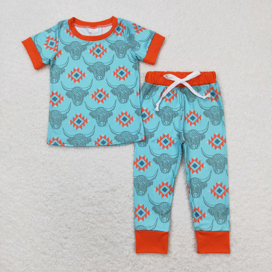 BSPO0328 Alpine Bull Head Geometric Blue-Brown Short-Sleeved Pants Boys Pajamas Sets RTS 202508