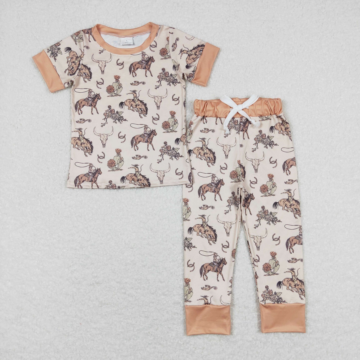 BSPO0344 Boys Boutique Horse Riding Alpine Bull Head Light Brown Short Sleeve Long Pants Pajama Set 20240402 RTS