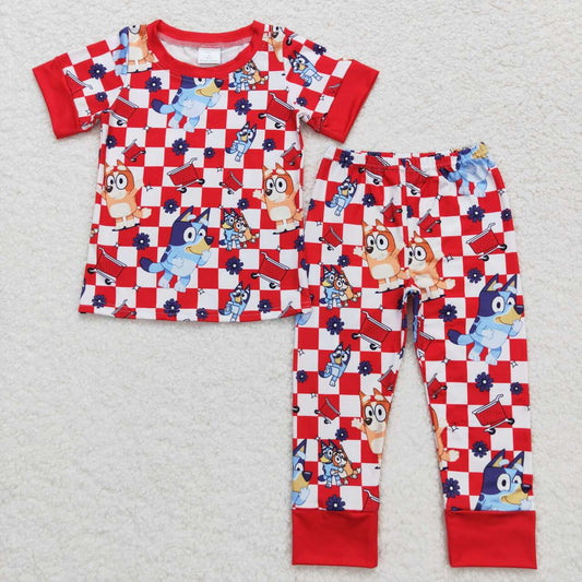 BSPO0355 Cartoon Bluey Red Plaid Short Sleeve Pants Boys Outfits RTS 202508