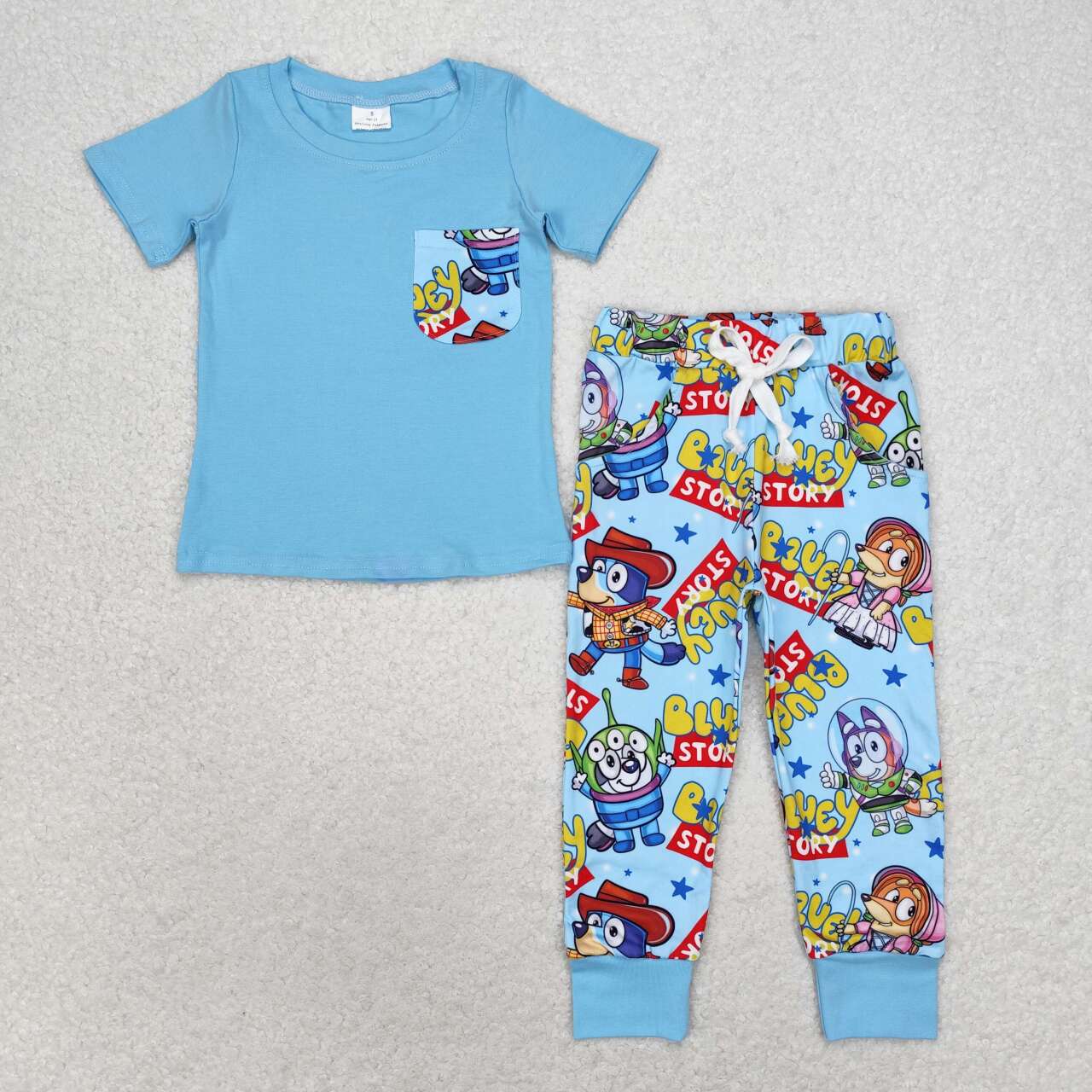 BSPO0375 bluey story pocket blue short sleeve pant suit