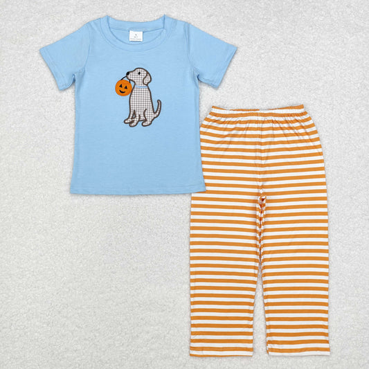 BSPO0391 Embroidered pumpkin puppy blue short sleeve orange striped pantsuit