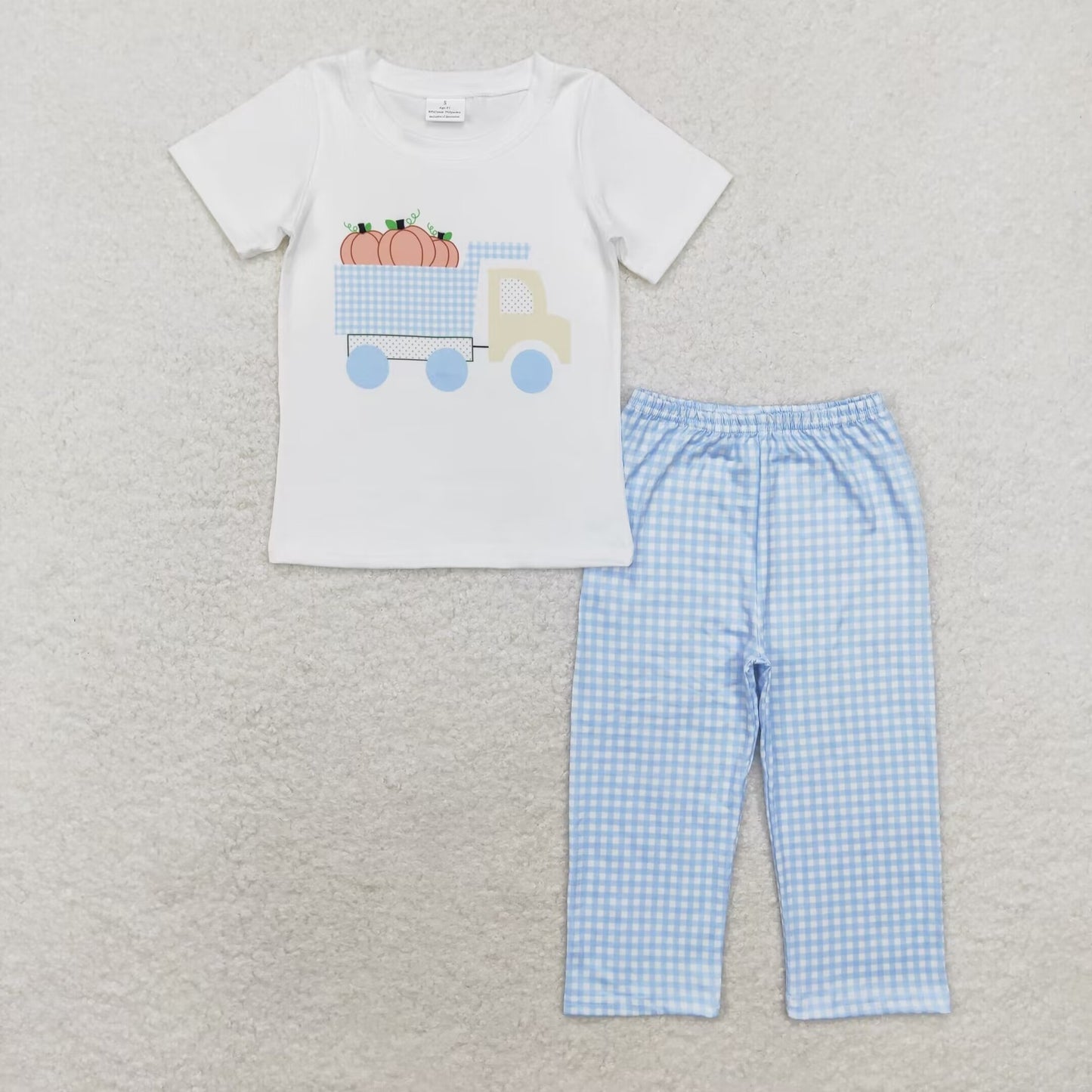 BSPO0398 Pumpkin Truck white short-sleeved blue plaid pantsuit