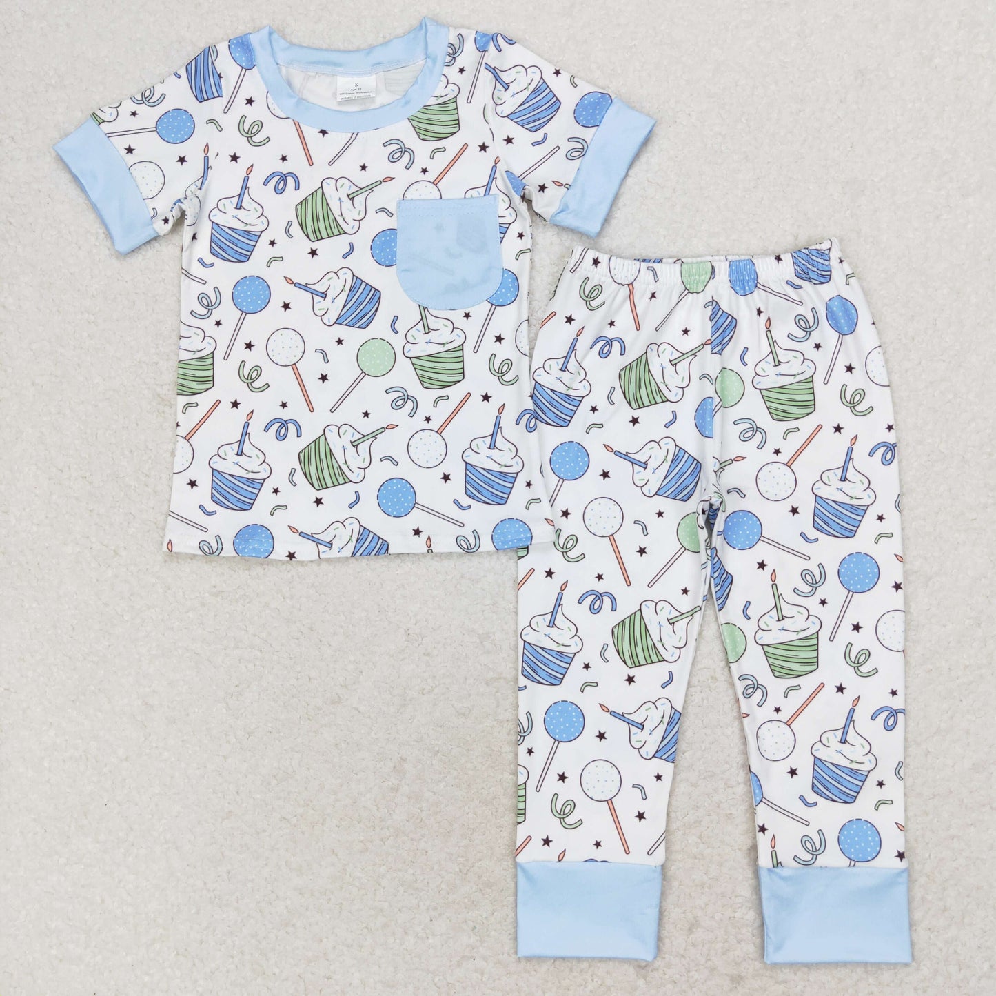 BSPO0410 Birthday candle cake blue pocket short sleeve pants pajamas set boys two piece sets clothing