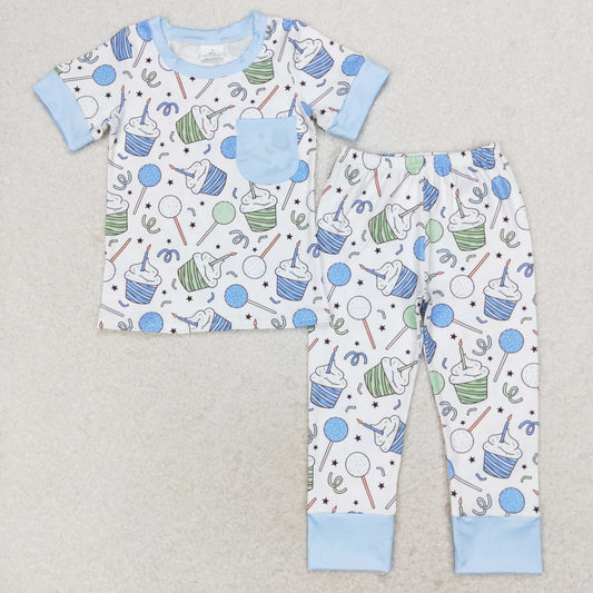 BSPO0410 Birthday candle cake blue pocket short sleeve pants pajamas set boys two piece sets clothing