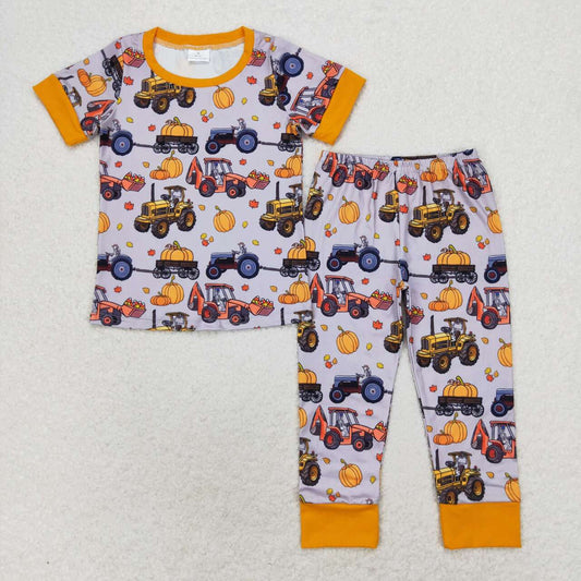 BSPO0422 Pumpkin truck tractor Orange grey short sleeve trousers pajamas set boys clothing sets 4-5 years