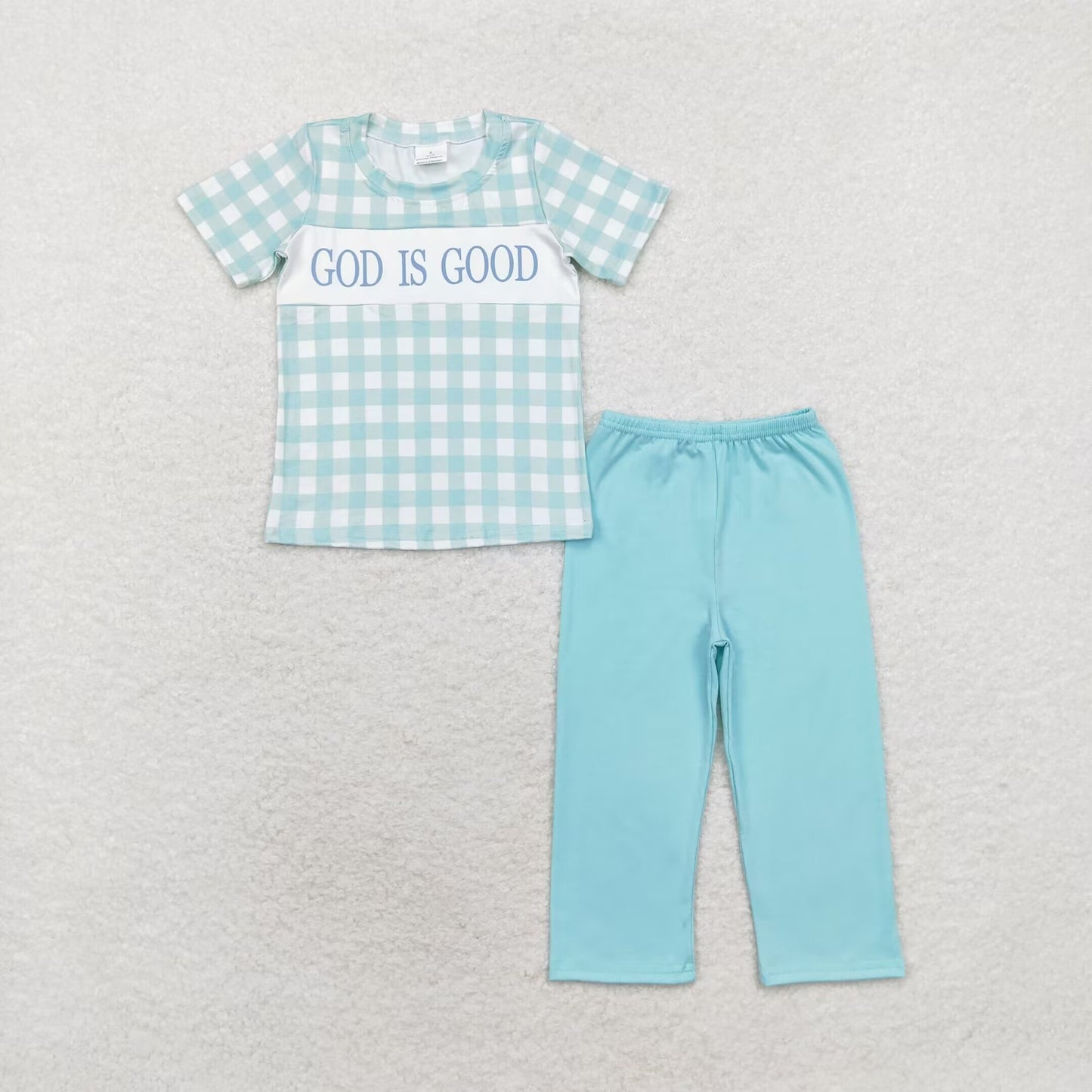 BSPO0463 god is good. Plaid short-sleeved teal pantsuit