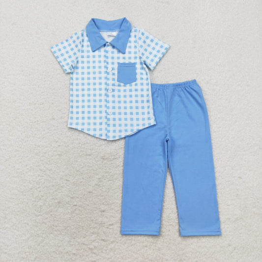 BSPO0466 Blue pocket plaid short-sleeved pantsuit