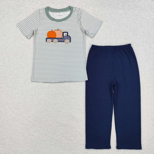 BSPO0473 Embroidered pumpkin truck striped short sleeve navy blue pantsuit High quality