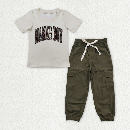 BSPO0486 mama's boy Camouflage letter beige short sleeve dark green pocket cargo pants set high quality wholesale