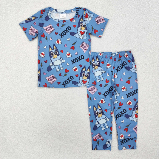 BSPO0489 Valentine's Days xoxo Cartoon Bluey Love Blue Short Sleeve Pants Pajamas Boys Set RTS 202510