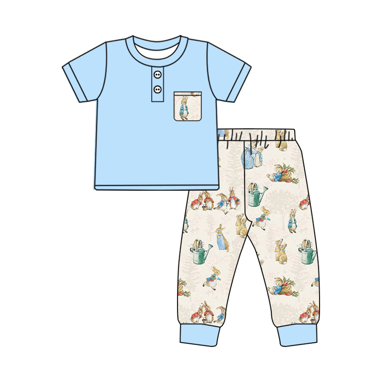 Preorder BSPO0501 Easter Bunny pocket blue short-sleeved pantsuit