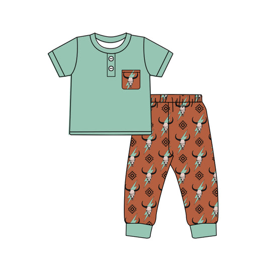 Preorder BSPO0502 Alpine bull head Lightning geometry Brown pockets teal short sleeve pant suit