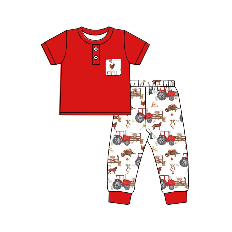 Preorder BSPO0505 Farm animal tractor White pocket red short sleeve pant suit