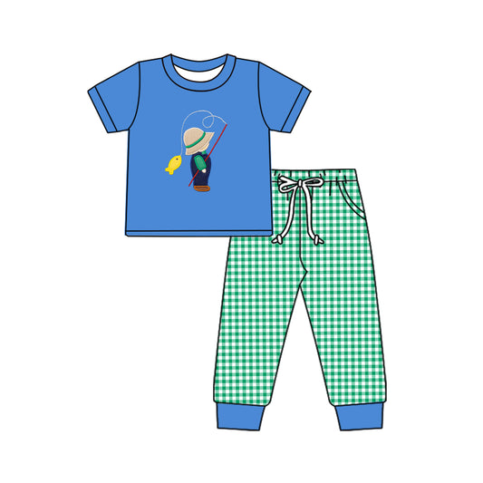 Preorder BSPO0506 Fishing Kids blue short-sleeved green plaid pantsuit