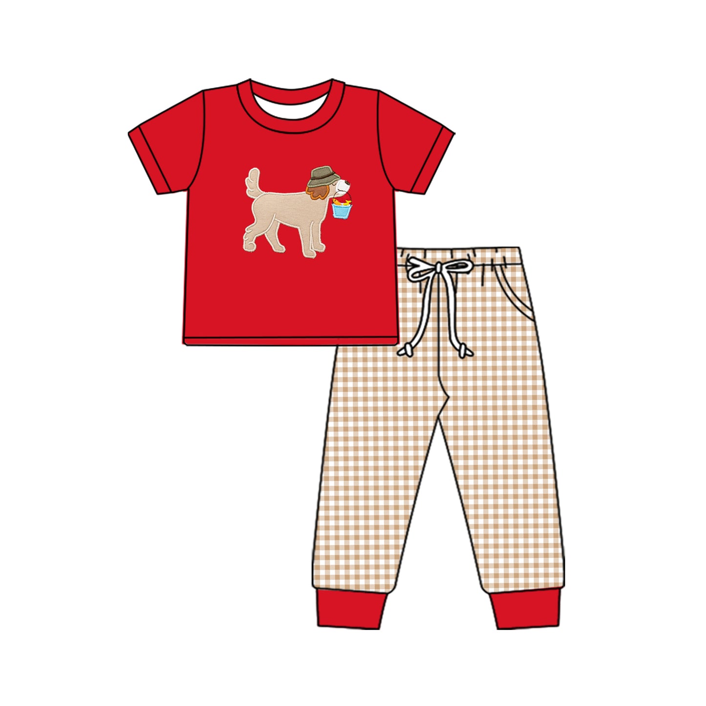 Preorder BSPO0507 Fishing puppy red short-sleeved brown plaid pantsuit