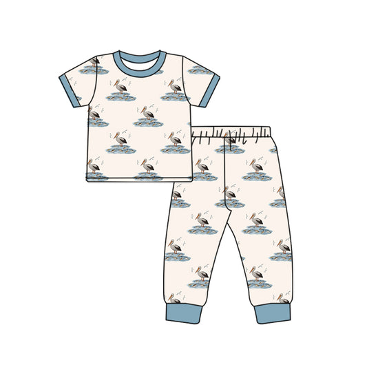 Preorder BSPO0508 Pelican bird fishing beige blue short-sleeved pant pajamas set