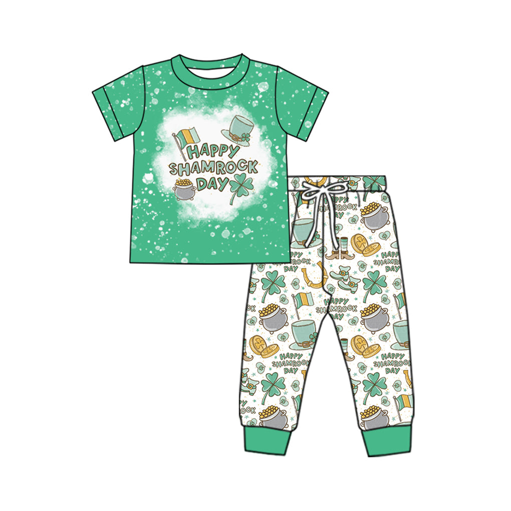 Preorder BSPO0515 happy shamrock day Letter four-leaf Clover Gold coin green short sleeve pant suit