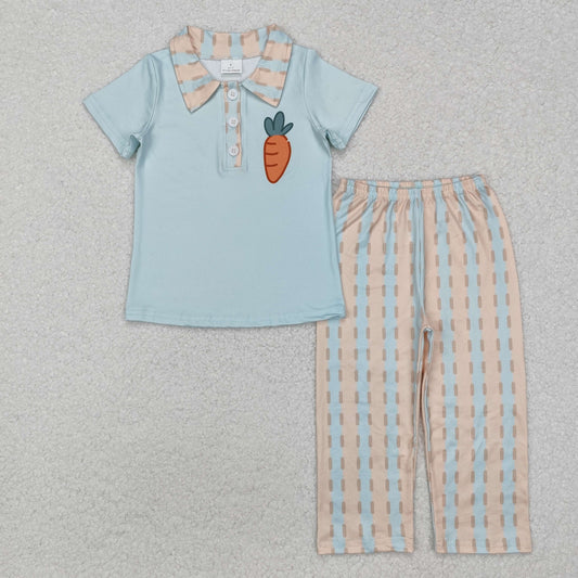 BSPO0528  Boys boutique sets polo short orange green check pants 202412RTS