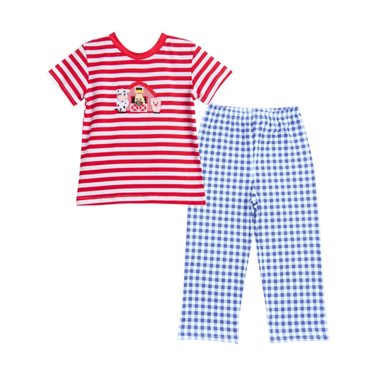 preorder BSPO0567 farm animals red stripe short sleeve top blue blue plaid pants set Boys Boutique outfit 202505