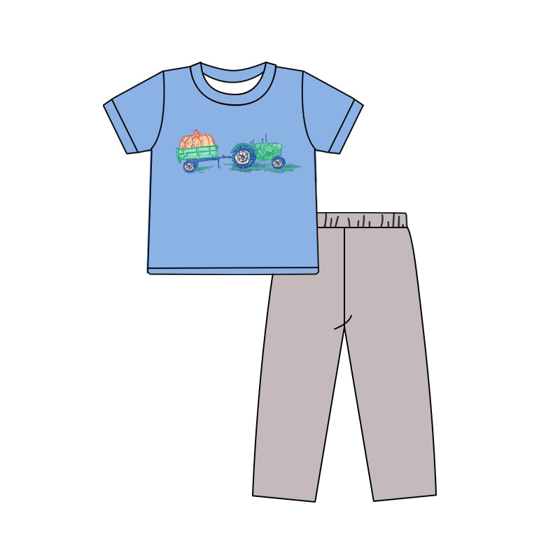 preorder BSPO0571   pumpkin truck blue short sleeve grey pants set Boys Boutique outfit 202505