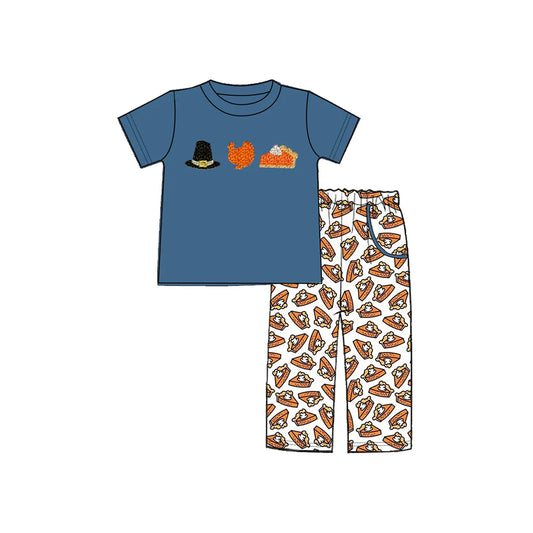 preorder BSPO0573   Boys Boutique Hat Turkey Cake Navy Blue Short Sleeve Pants Suit  202505