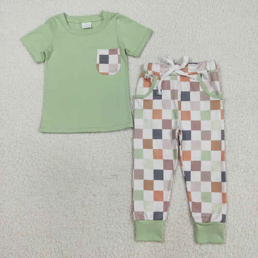 BSPO0576 Boys Boutique Colorful Plaid Pocket green Short Sleeve Pants Set 202508 RTS