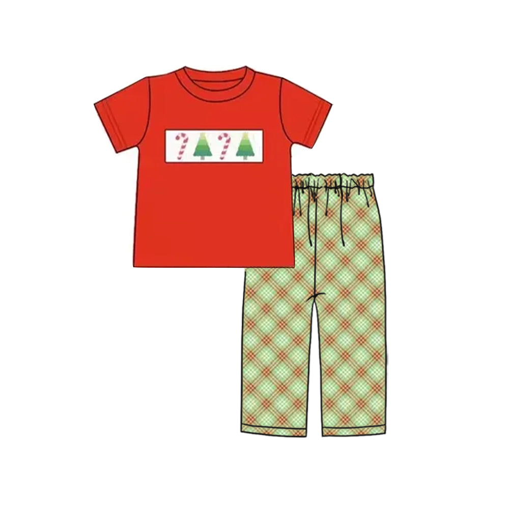 preorder  BSPO0577 Boys Boutique Christmas Tree Red Short Sleeve Plaid Pants Set 202505