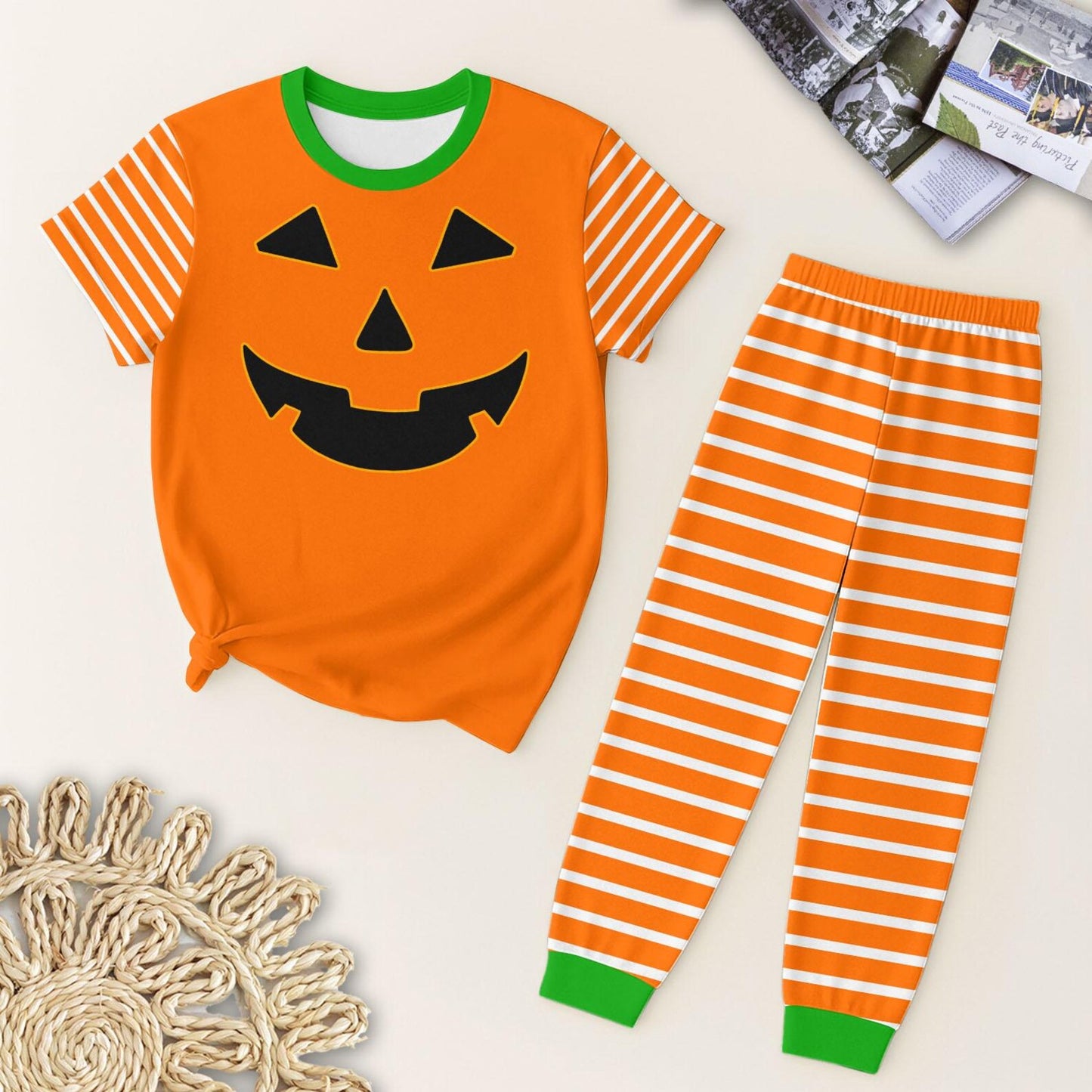 preorder  BSPO0578 Halloween Pumpkin Boys Orange Short Sleeve Stripe Pants Pajamas Set 202507