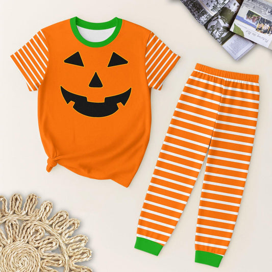 preorder  BSPO0578 Halloween Pumpkin Boys Orange Short Sleeve Stripe Pants Pajamas Set 202507
