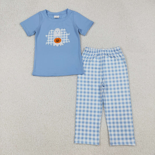 BSPO0581 Embroidered Halloween Ghost Blue Short Sleeve Plaid Pants Boys Set 202509 RTS