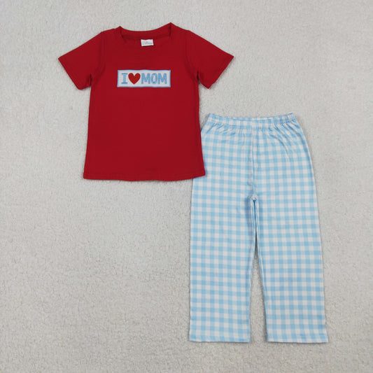 BSPO0588 Embroidered I Love Mom Short Sleeves Plaid Pants Boys Set 202510 RTS Sibling