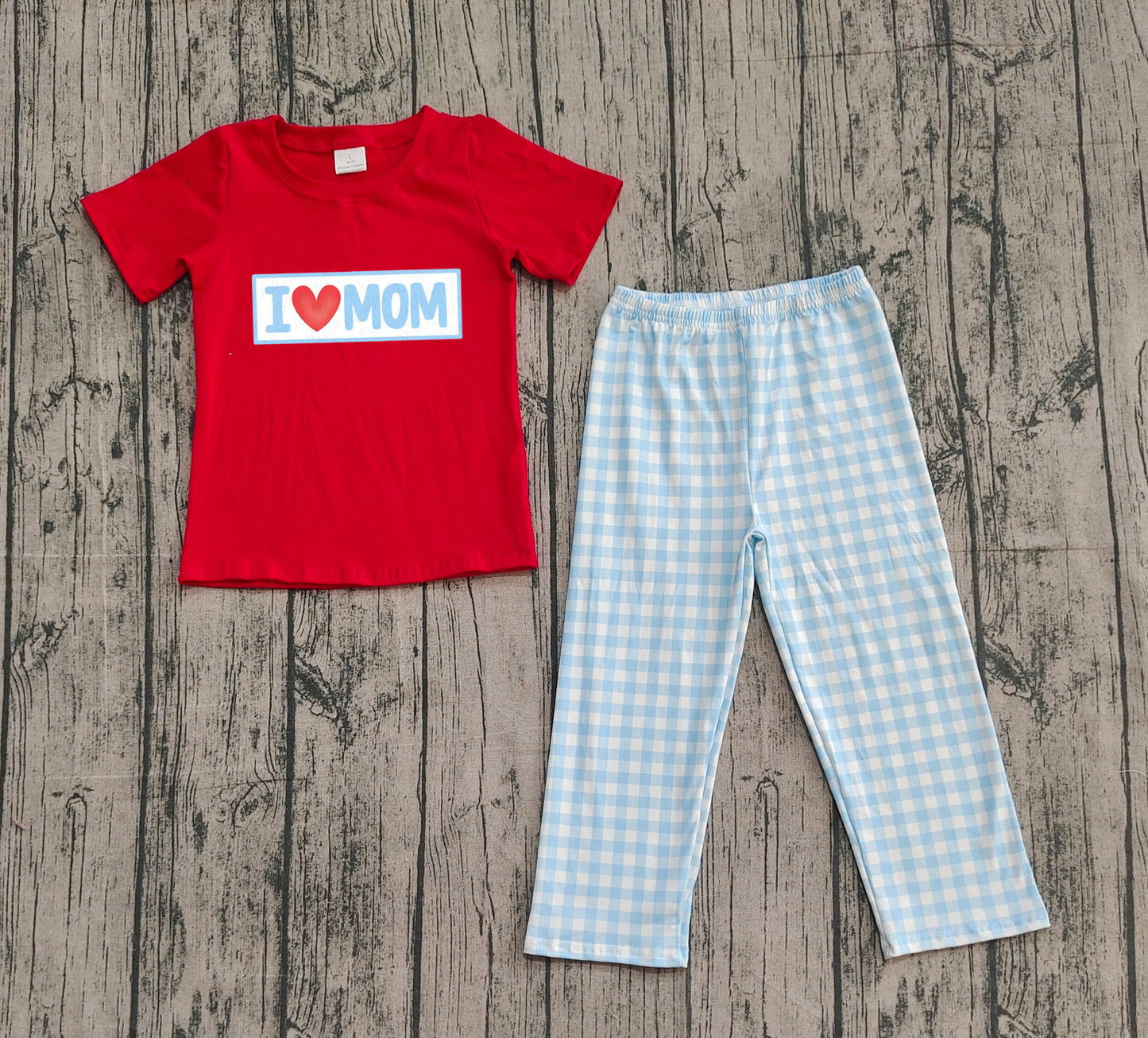 BSPO0588 Embroidered I Love Mom Short Sleeves Plaid Pants Boys Set 202510 RTS Sibling