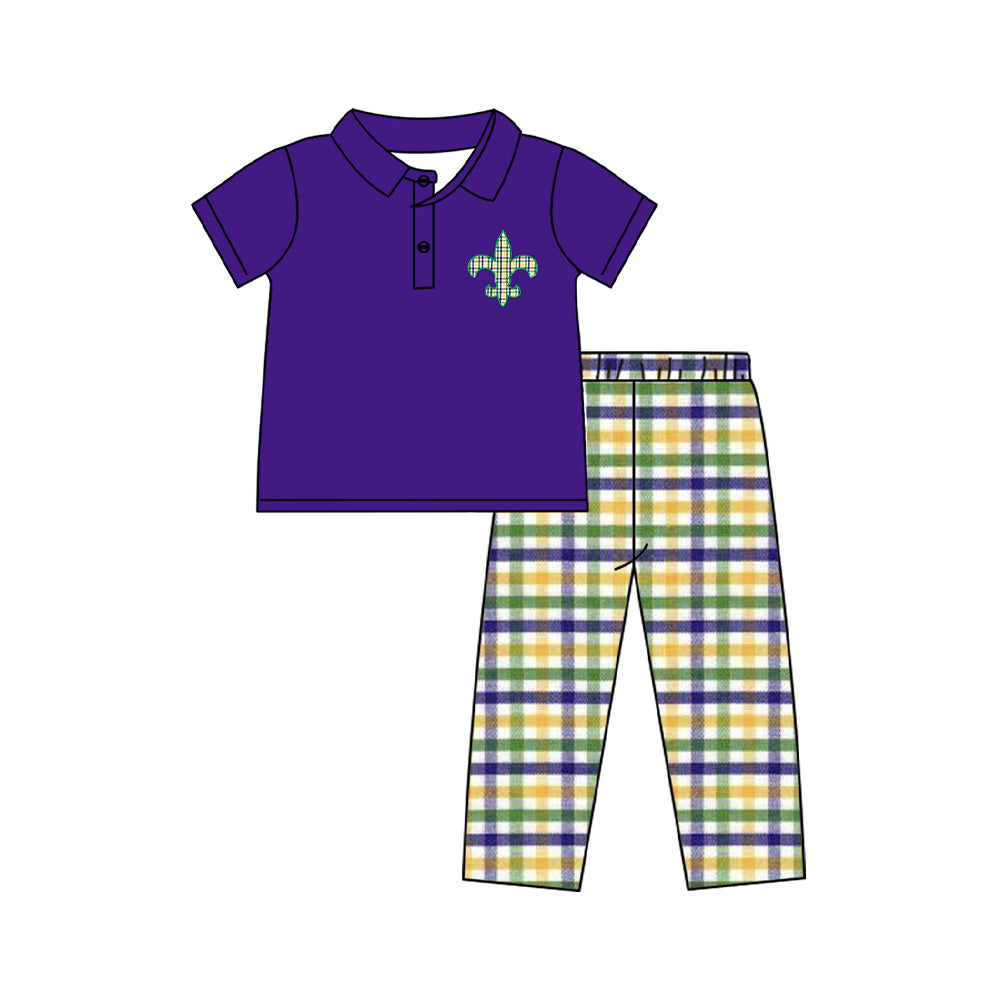 MOQ 8 preorder BSPO0594 Mardi Gras Purple Polo Short Sleeve Plaid Pants Boys Set 202509