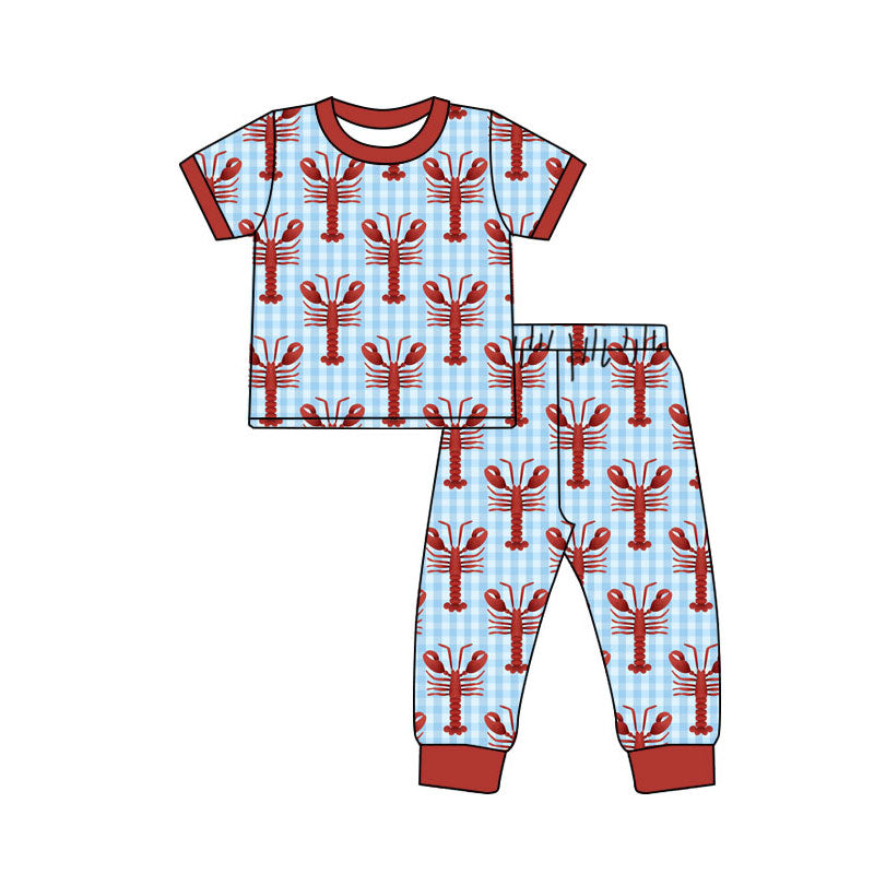 MOQ 8 preorder BSPO0596 Mardi Gras Crayfish Plaid Short Sleeve Pants Boys Set 202509