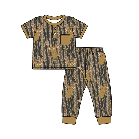 MOQ 8 preorder BSPO0599 Deer Hunting Camo Short Sleeve Top Pant Boys Set 202509