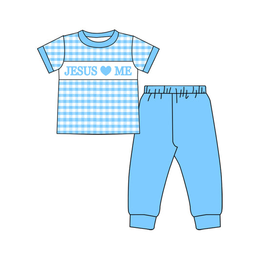 MOQ 8 preorder BSPO0600 Jesus Love Me Plaid Blue Short Sleeve Top Pant Boys Set 202509