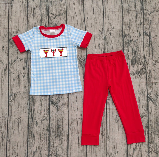 NO MOQ preorder BSPO0602 Embroidered Mardi Gras Crayfish Plaid Short Sleeve Top Pant Boys Set 202510