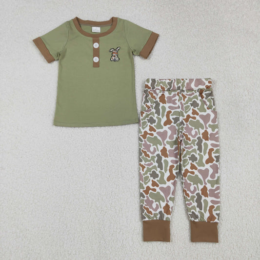BSPO0603 Embroidered Easter Bunny Camo Army Green Short Sleeve Top Pant Boys Set 202511 RTS