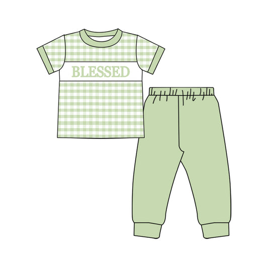 MOQ 8 preorder BSPO0604 Blesses Letter Green Plaid Short Sleeve Top Pant Boys Set 202510