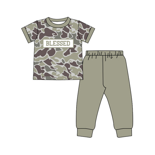 MOQ 8 preorder BSPO0606 Blesses Letter Army Green Camouflage Short Sleeve Top Pant Boys Set 202510