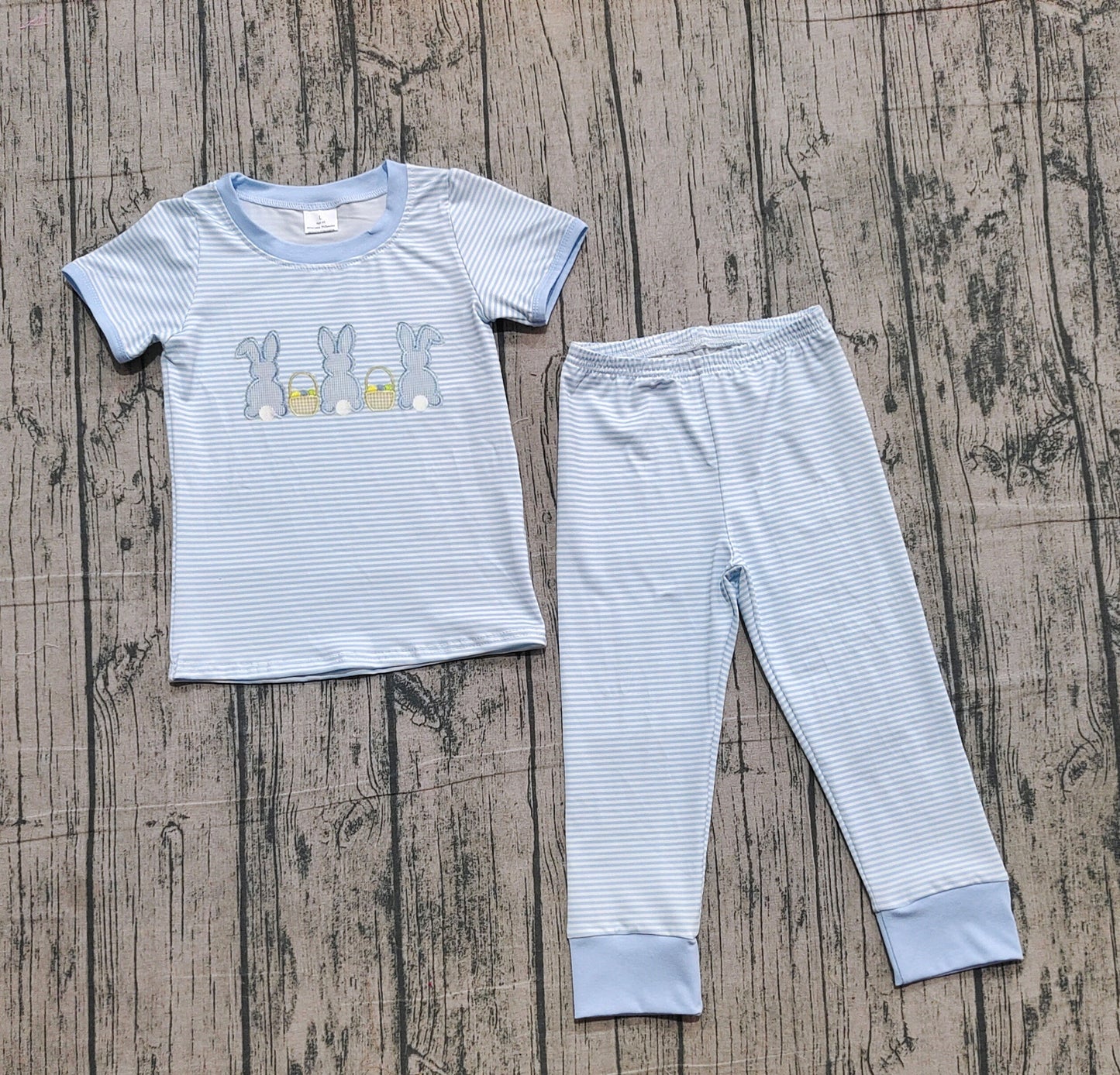 NO MOQ preorder BSPO0610 Embroidered Easter Bunny Blue Stripe Short Sleeve Top Pant Boys Set 202510