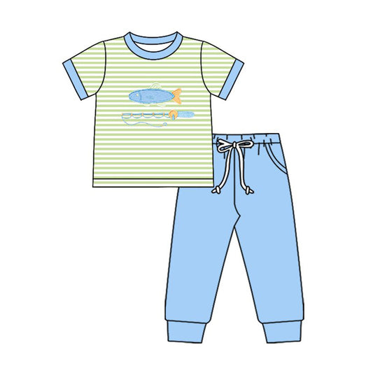 MOQ 5 preorder BSPO0612 Fishing Pattern Green Stripe Short Sleeve Top Blue Pant Boys Set 202510