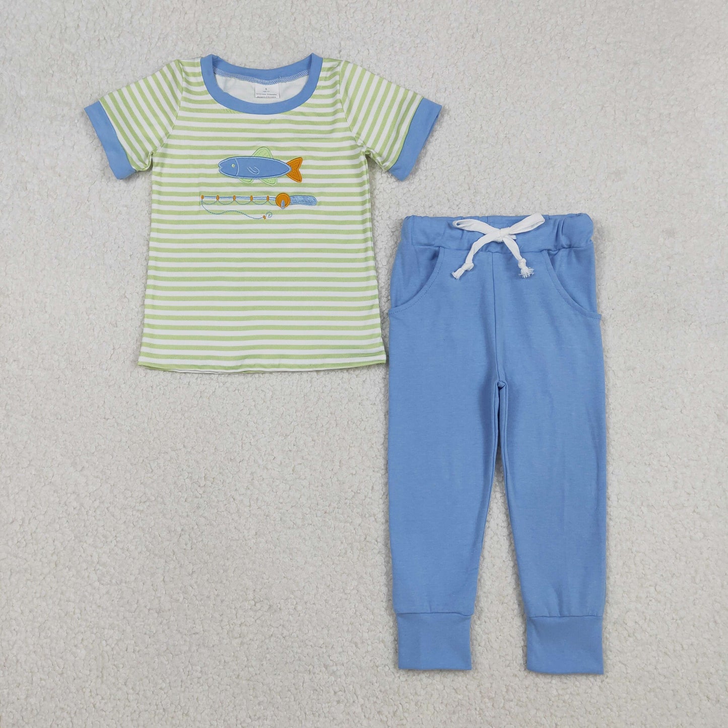 BSPO0612 Embroidered Fishing Pattern Green Stripe Short Sleeve Top Blue Pant Boys Set 202512 RTS