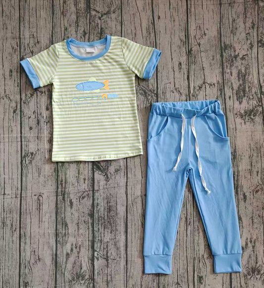 NO MOQ preorder BSPO0612 Embroidered Fishing Pattern Green Stripe Short Sleeve Top Blue Pant Boys Set 202510