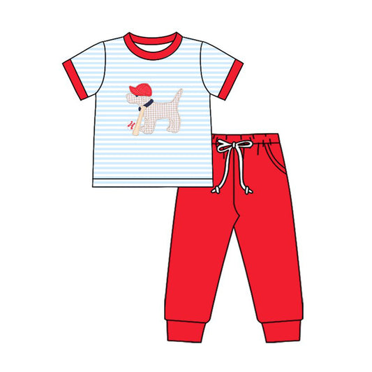 MOQ 5 preorder BSPO0613 Puppy Baseball Pattern Blue Stripe Short Sleeve Top Red Pant Boys Set 202510