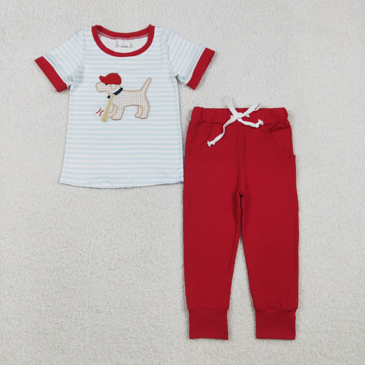 BSPO0613 Embroidered Puppy Baseball Pattern Blue Stripe Short Sleeve Top Red Pant Boys Set 202512 RTS
