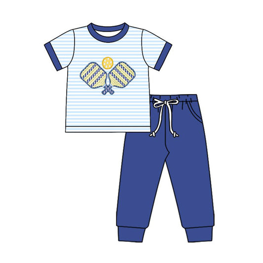 MOQ 5 preorder BSPO0614 Tennis Racket Pattern Blue Stripe Short Sleeve Top Pant Boys Set 202510