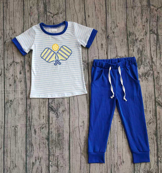 NO MOQ preorder BSPO0614 Embroidered Tennis Racket Pattern Blue Stripe Short Sleeve Top Pant Boys Set 202510