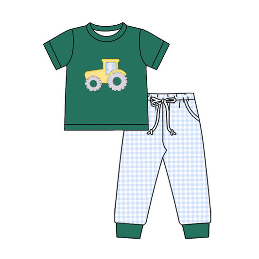 MOQ 5 preorder BSPO0615 Truck Pattern Green Short Sleeve Top Blue Plaid Pant Boys Set 202510